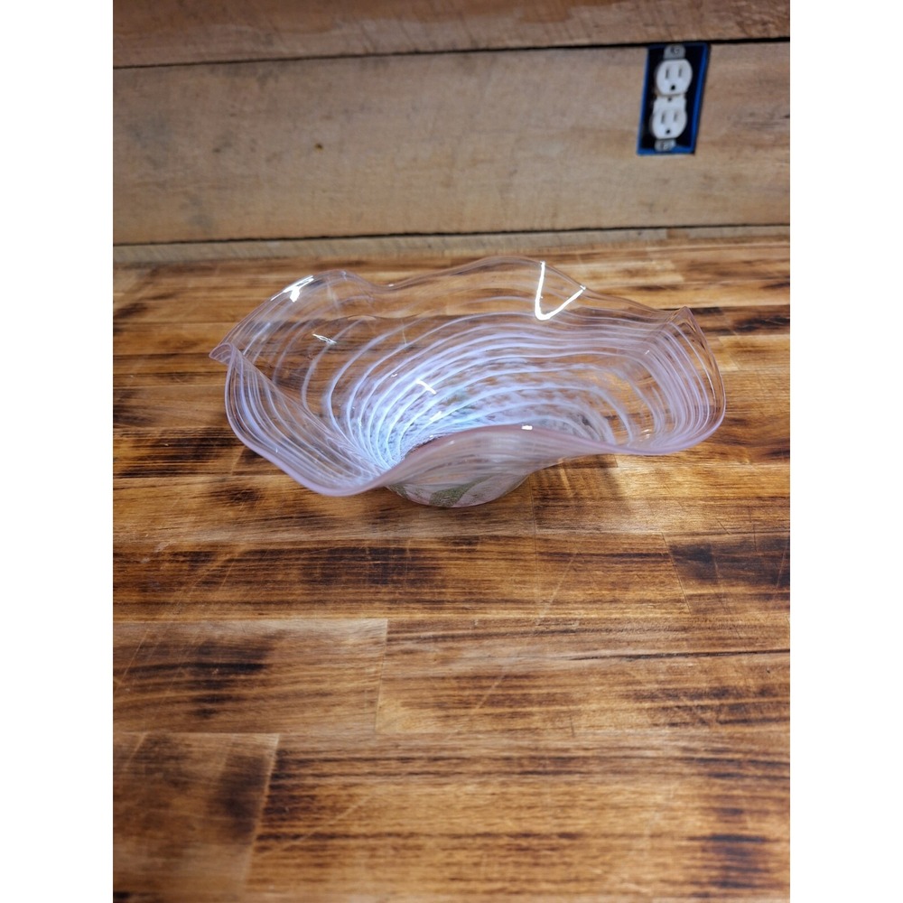 Pink Tornado Green Flower Hand Blown Artist Signed Glass Decor Bowl‎ 8.5"x3.5"